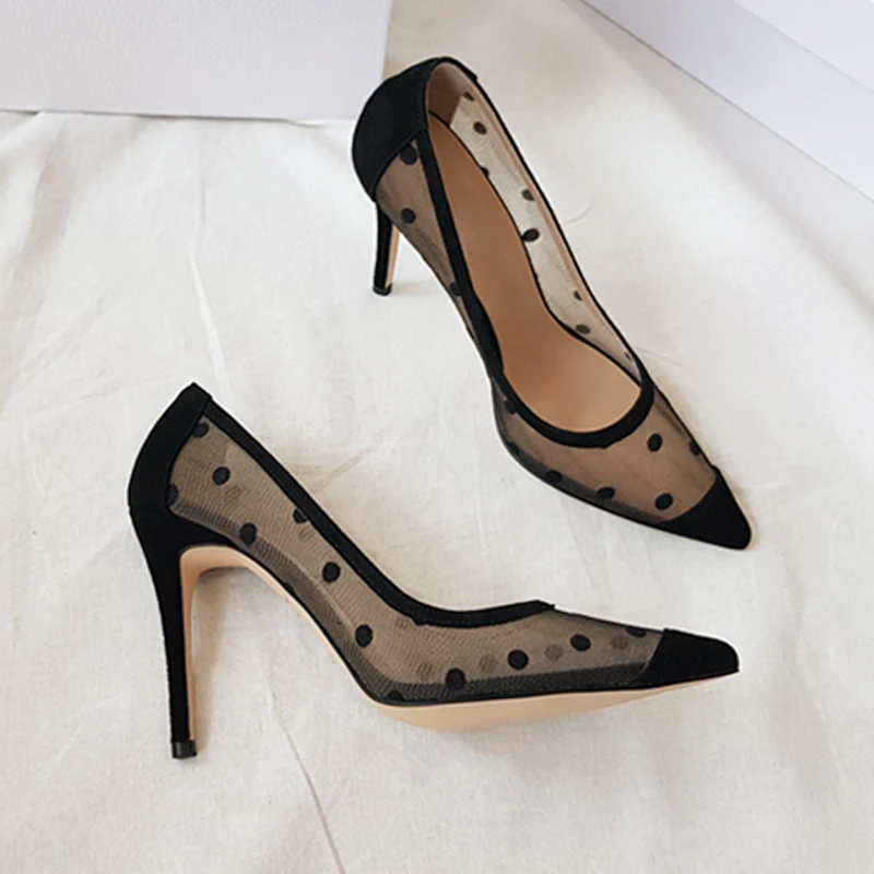 Новые летние дышащие сетчатые туфли в горошек на тонком высоком каблуке с острым