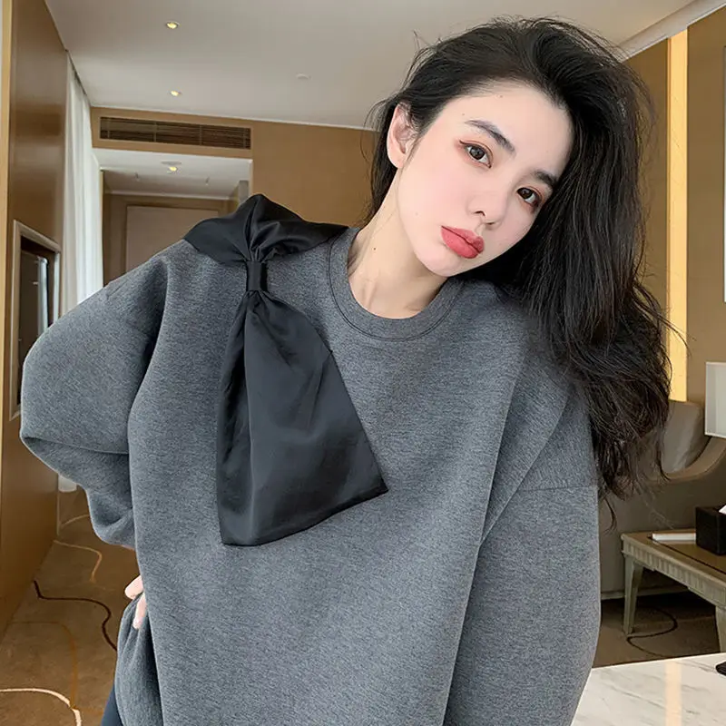 

Bowknot Solid Oversized Crewneck Sweatshirt Women Sexy Streetwear Cool Girls New Spring Sleeve Tops