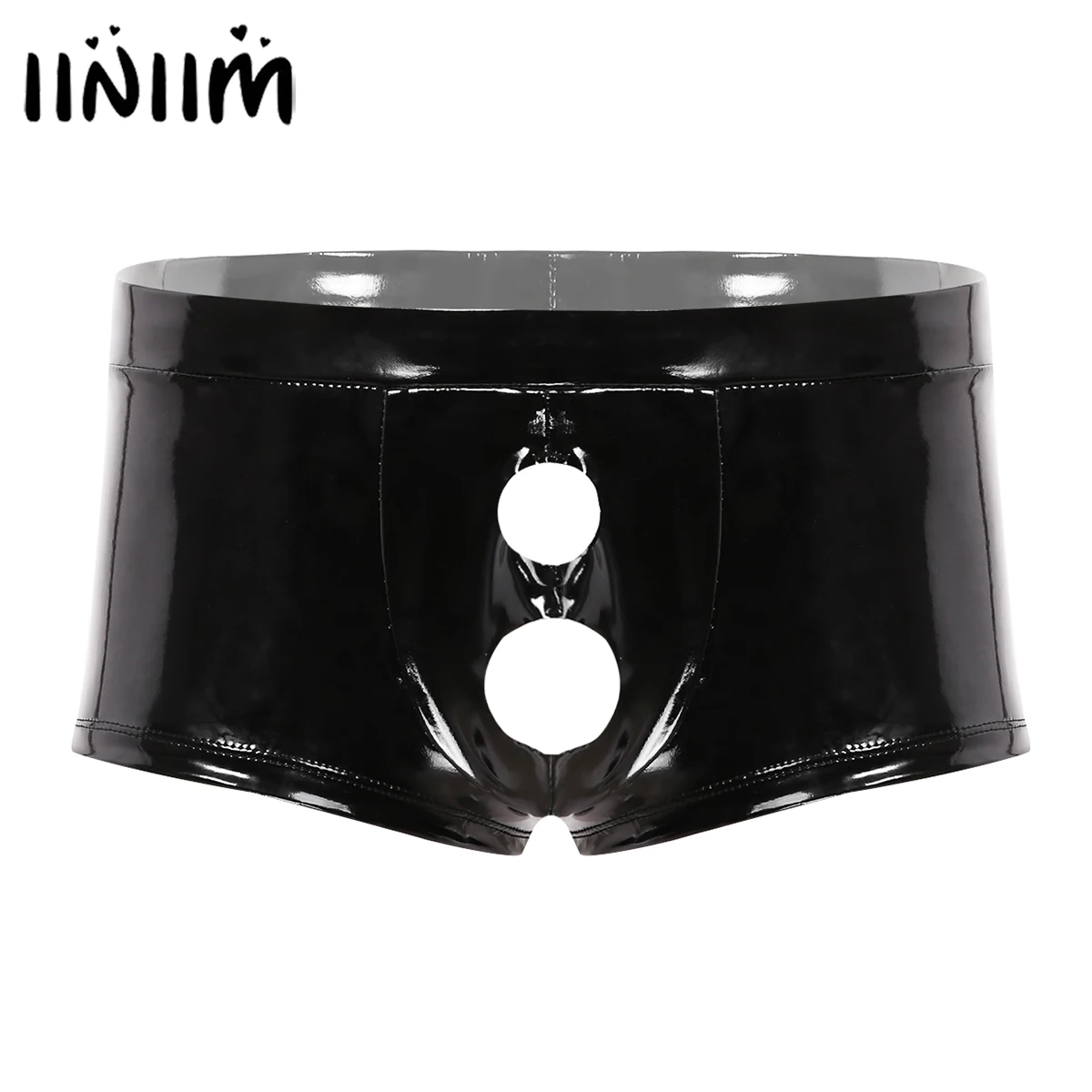 

iiniim Mens Wet Look Gay Underwear Panties Patent Leather Lingerie Underpant Low Rise Bulge Pouch with Holes Boxer Briefs Shorts