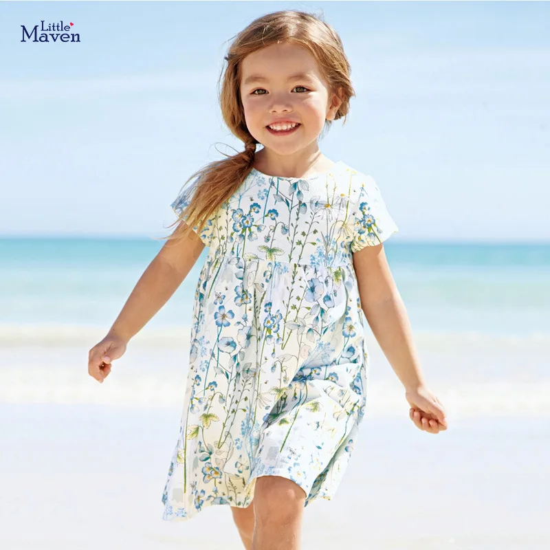 

Little Maven 2021 New Summer Dress for Girls Light Blue Floral Dress Kids Elegant and Beauty Clothes Suitable for Child 2 to 7