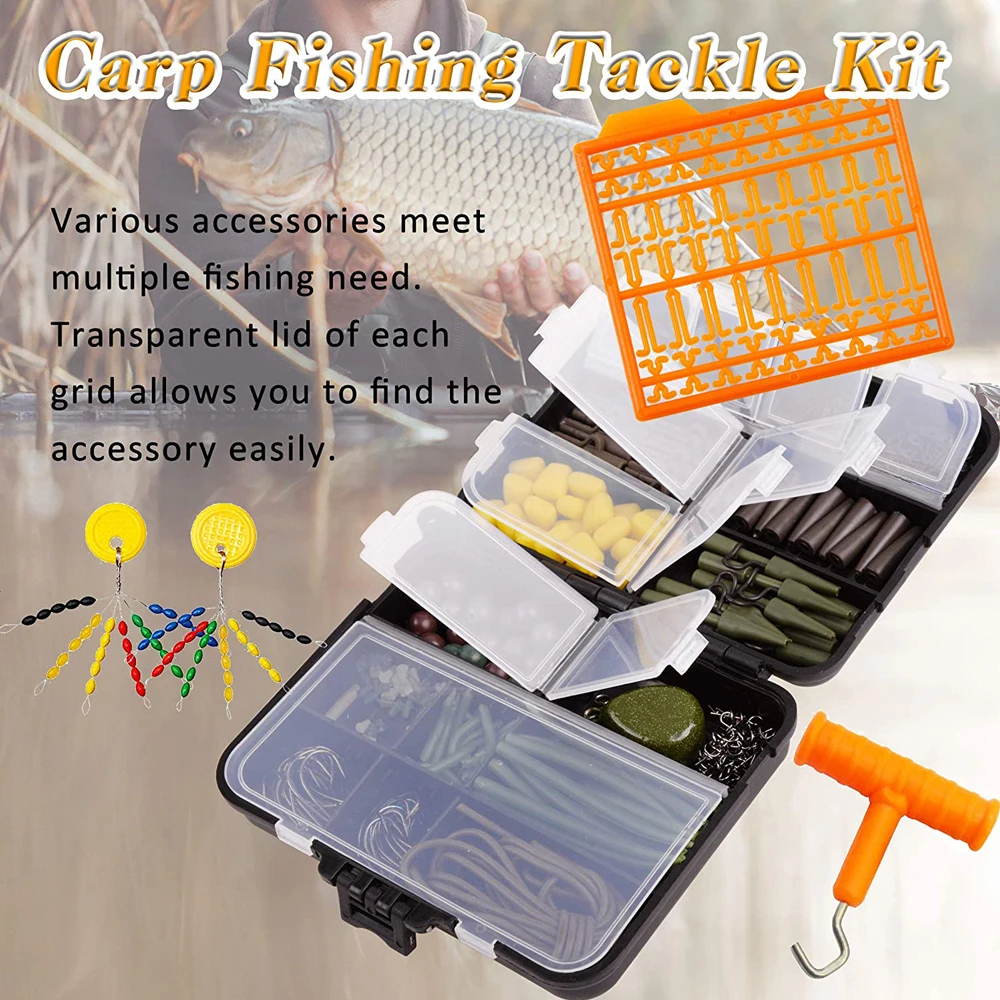 

277Pcs/Box Carp Fishing Tackle Including Carp Hooks Swivels Anti Tangle Sleeves Hook Stop Beads Boilie Bait Screw Tail Rubber