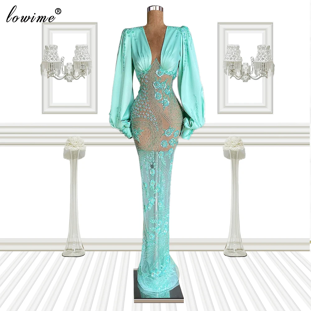 

Mint Green Long Sleeves Evening Dresses With Flowers Arabic Mermaid Evening Gowns Special Celebrity Dresses Vestidos De Fiesta