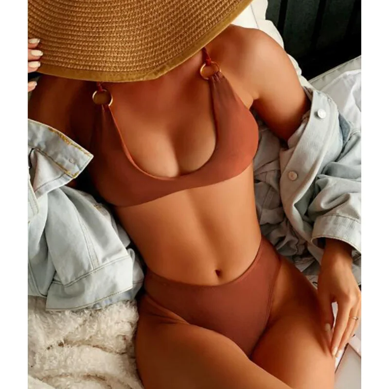 

Бикини с высоким вырезом, новинка 2022, купальник, женский купальник пуш-ап, однотонный комплект бикини, женские купальные костюмы, летняя пля...