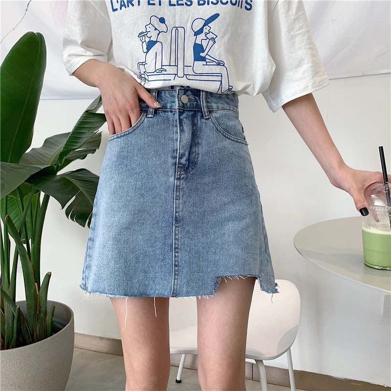 

Korean version of denim skirt female high waist large size fat mm slimming legs long hips A-line retro short skirt tide