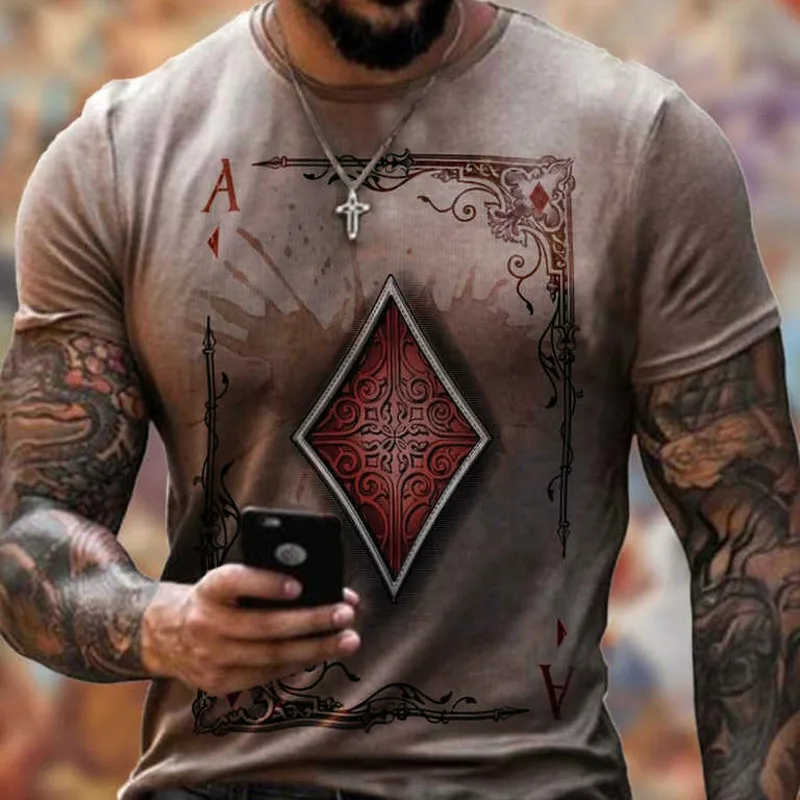 

2021 Summer Street Fashion Playing Cards Lattice Square a 3d T-shirt Men's Large Size Casual Short Loose Pullover T-shirt