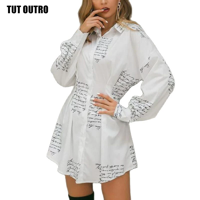 Женское платье-рубашка с отложным воротником и надписью однобортное мини-платье