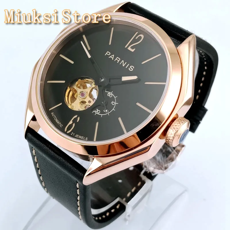 

Parnis 43mm Rose Gold Case Black Dial Sapphire Glass 21 Jewels Miyota Movement Leather Strap Men's Top Luxury Automatic Watch