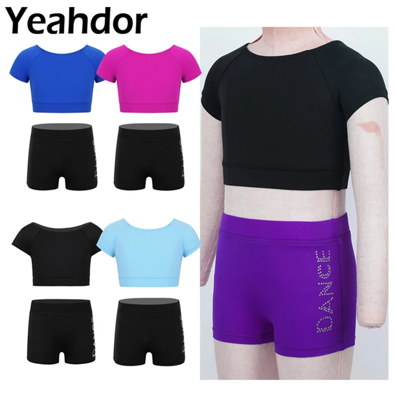 

2PCS Kids Girls Tankini Ballet Dance Outfit Short Sleeves Tank Top with Letters Printed Bottoms Set Gym Workout Child Sportswear