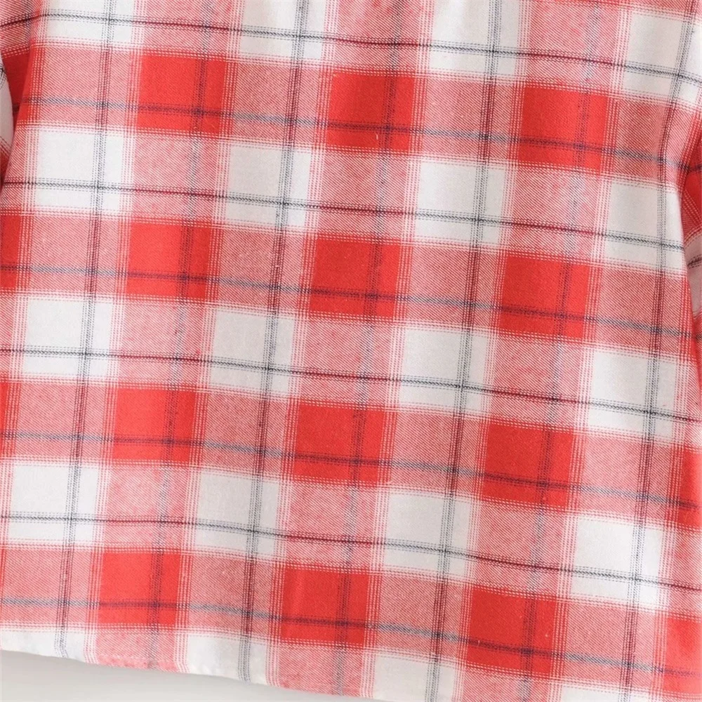 

MOGO Women's Shirt 2020 Spring and Summer New Cotton Plaid Printing Short Design Round Neck Short Sleeve Loose Shirt