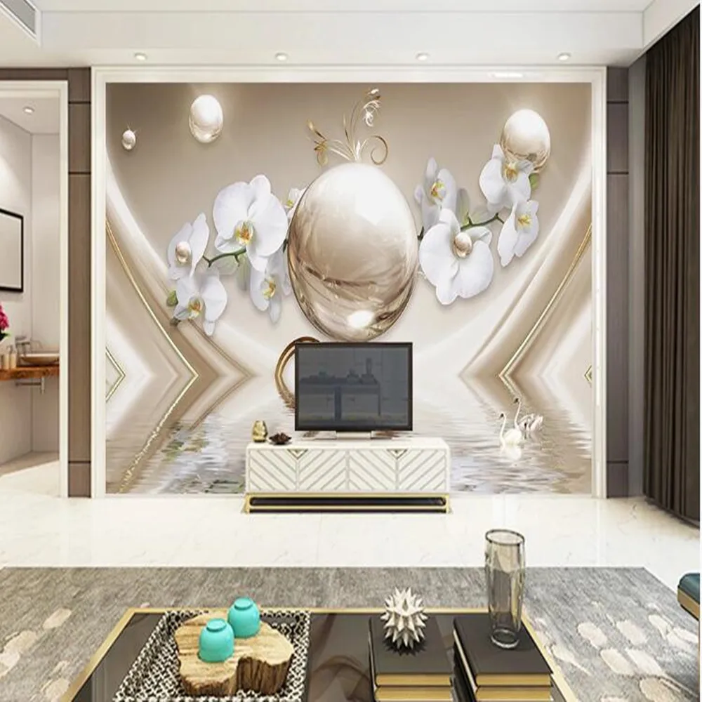 Милфи пользовательский 3D Роскошный Жемчужный Орхидея водный узор Шелковый фон