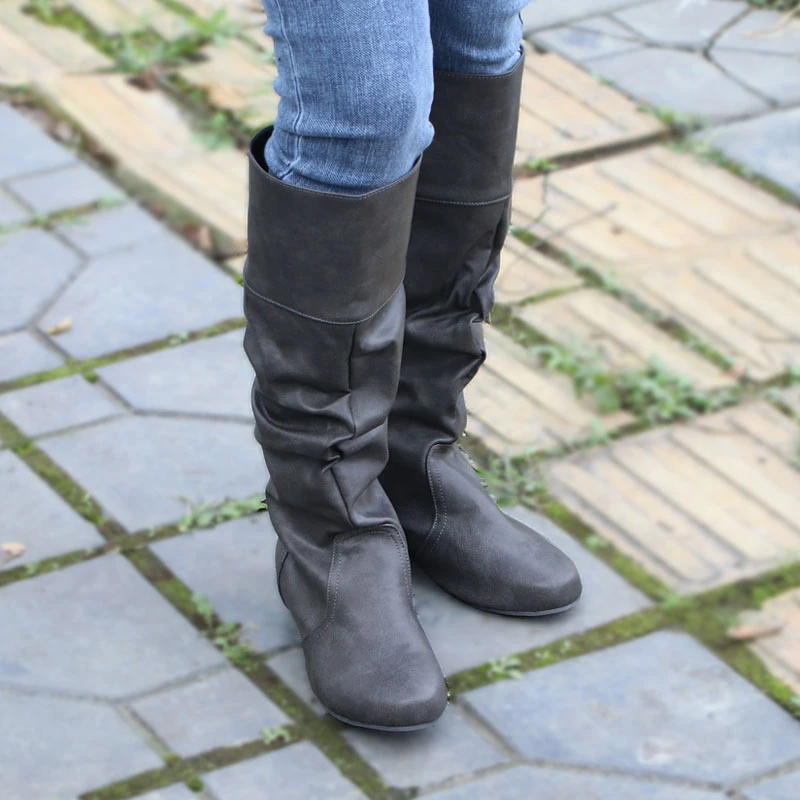 

Women Western Mid Calf Boots Autumn Casual Slip-on Flat Heels Boots Wedge Long Boots Ladies Fashion Pleated Brown Shoes 2021 New