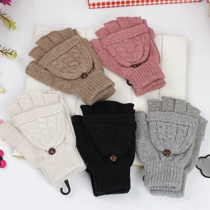 Для женщин Теплые мягкие зимние перчатки варежки без пальцев трикотажные