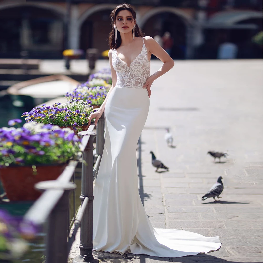 

Elegant Lace Satin Applique Mermaid Wedding Dresses Sexy V-neck Spaghetti Straps Sequin Beading Wedding Gowns Vestido de Novia