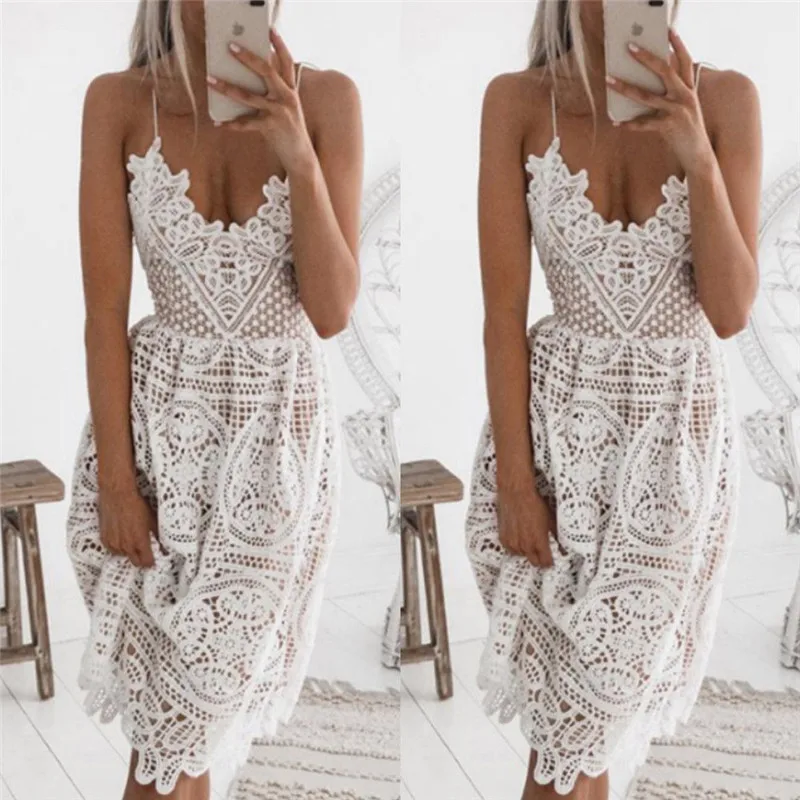 

Women Summer Lace dresses fashion spaghetti straps backless slim A-line Fashion Party dress sexy V Neck hollow vestido