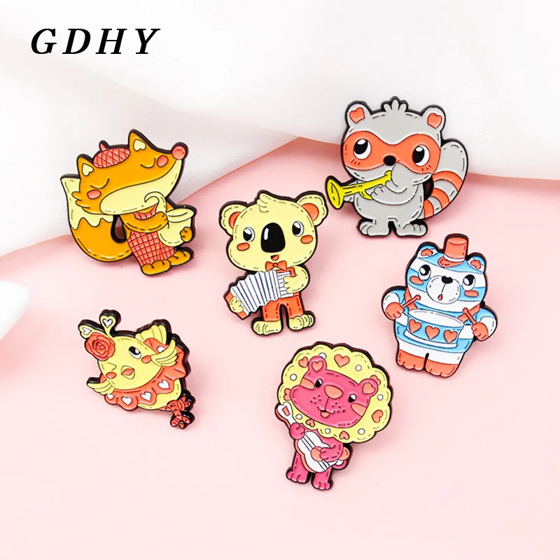 Музыкальные эмалированные булавки GDHY с животными лиса Лев медведь енот изучение