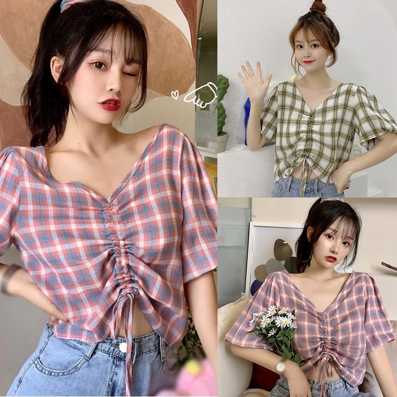 

Summer New Flare Sleeve Plaid Shirt Female V-neck Sexy Temperament Short-Sleeve Drawstring Tops