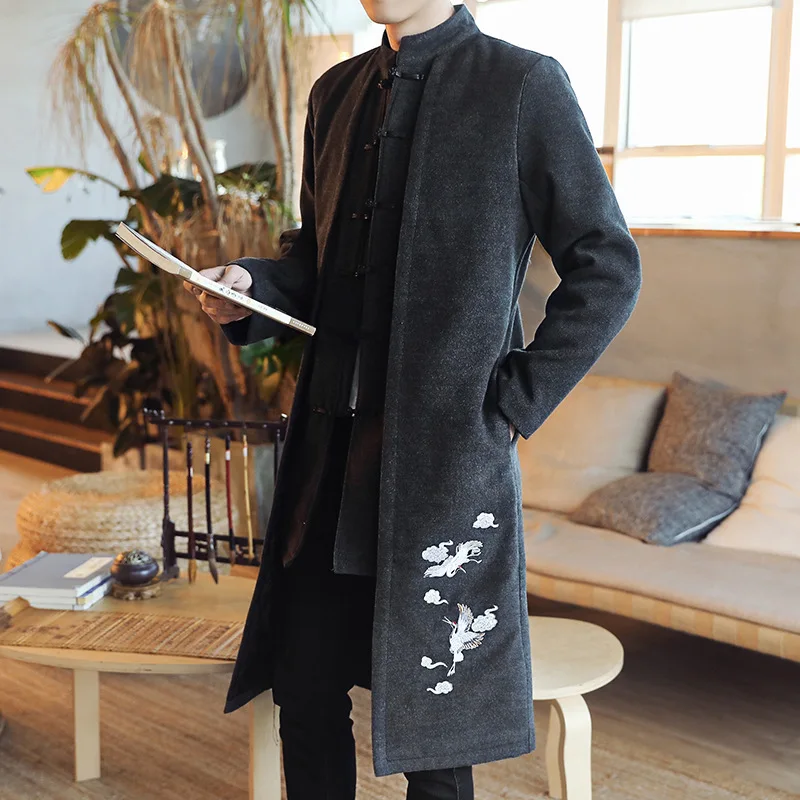 Мужской длинный шерстяной Тренч с вышивкой Зимняя Толстая хлопковая куртка