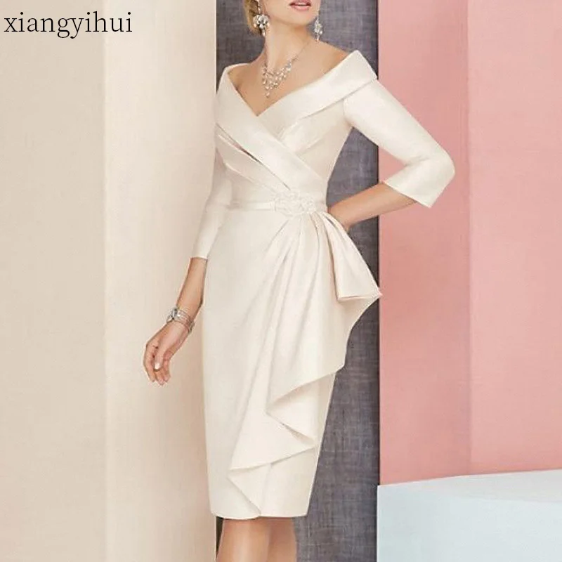 

Ruffles Party Satin Dress for Women Autumn Sexy V-neck High Waist Midi Dress Elegant Temperament 3/4 Sleeve Vintage Dresses
