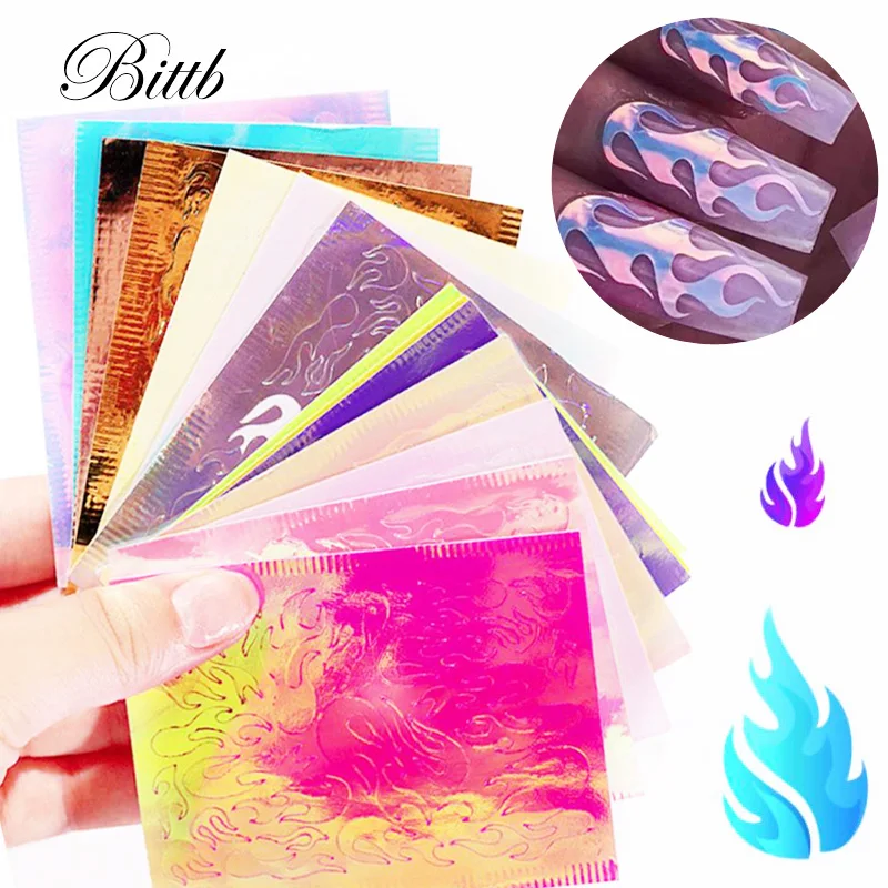Bittb 16 шт. голографические огненные наклейки для дизайна ногтей Фольга Клей DIY