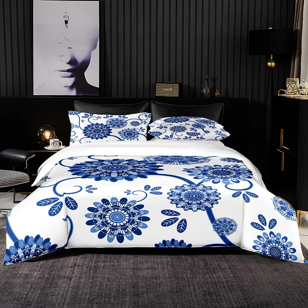 

Elegant Blue Pattern Bedding Set Duvet Cover 220x240 With Pillowcase,220x260 Quilt Cover,Superfine Fiber Queen Bed Sheet Set