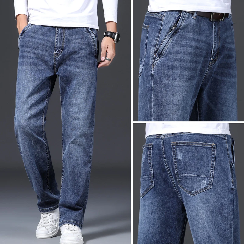 

Plus Size 42 44 46 New Men's Blue Casual Jeans Spring Classic Stretch Straight Denim Pants 2021 Male Fashion Brand Trousers