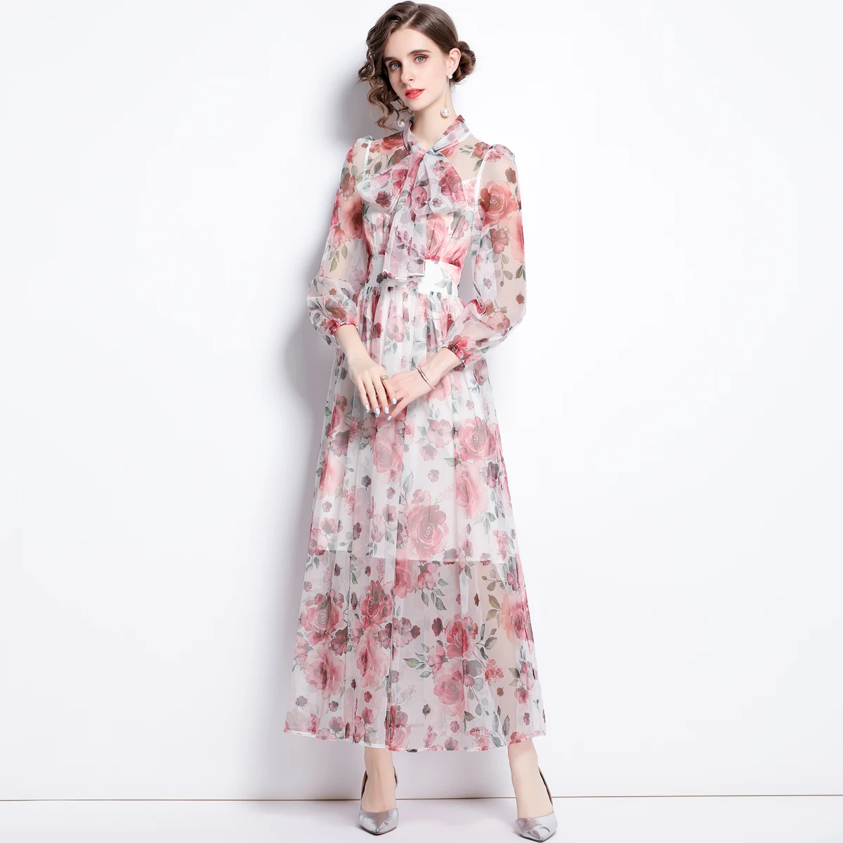 

Women Long Puff Sleeve Bow Collar Rose Floral Printed Gauze Evening Wedding Vestidos Autumn Vacation Party Mesh Maxi Dress 6611