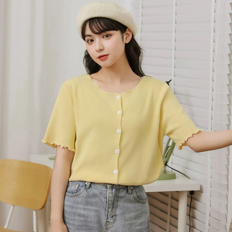 

Chic Khaki 2021 Summer New Loose Ruffled Short-Sleeved T-shirt Women's Solid Color Breathable Ice Silk Knitted Top Ins
