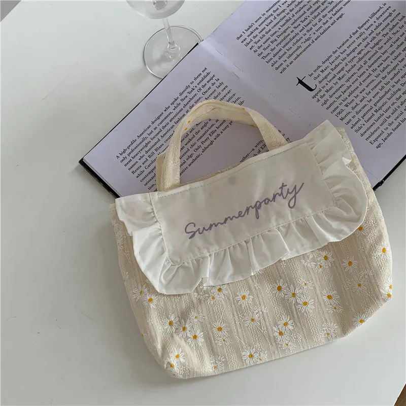 

Embroidery Daisy Women's Small Shoulder Bag Lovely Flower Ladies Cotton Cloth Tote Purse Handbags Retro Female Lunch Bento Bags