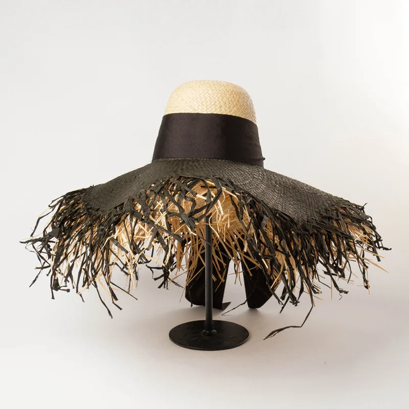 

Соломенная шляпа с кисточкой и бантом и лентой, двухслойная вязаная вручную шляпа от солнца из рафии с большими полями, Пляжная шапка от сол...