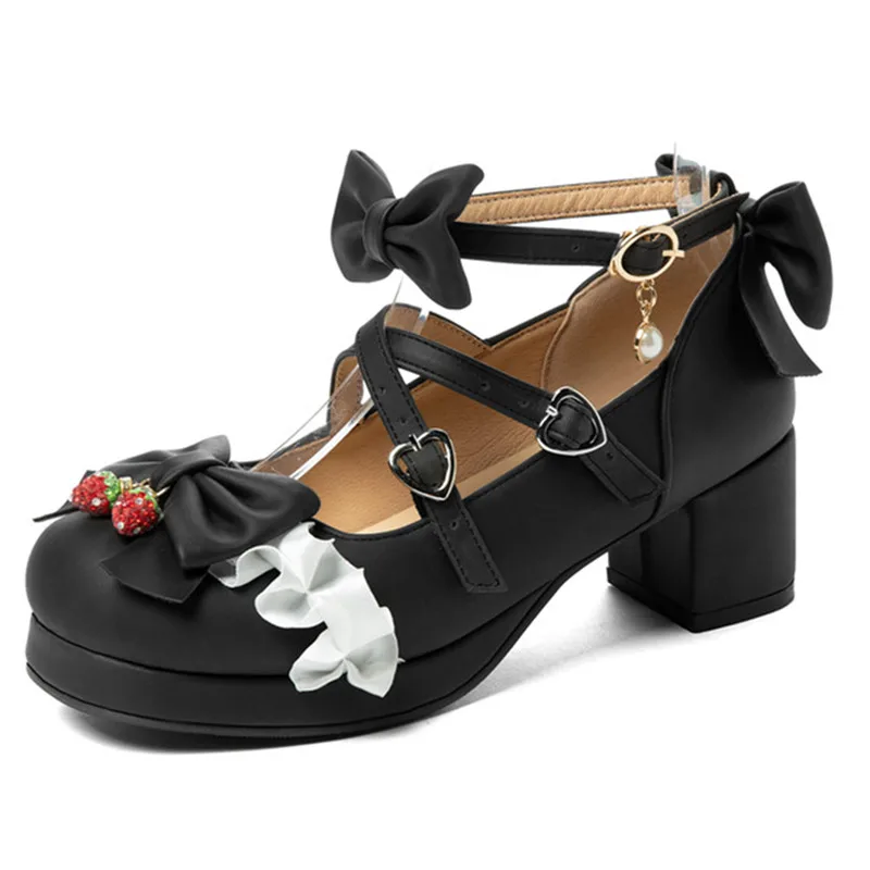 

Women Strawberry Shallow Mouth Small Leather Shoes Butterfly Knot Lolita Student Single Shoes Platform Thick Heel Big Size 30-48