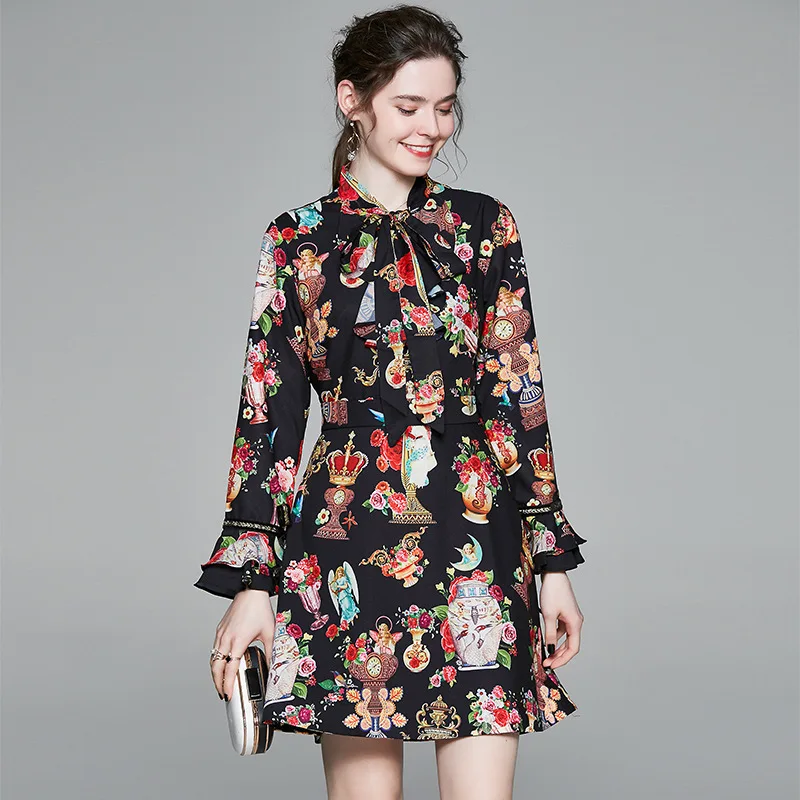 

Luxury Women Ruffle Bow Tie Mini Dress Ladies Flare Sleeve Flower Vase Print Runway Angel Dress Long Sleeve Sexy Party Dresses