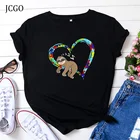 Женская летняя футболка JCGO, 100% хлопок, размера плюс, S-5XL, с коротким рукавом, с принтом сердца Ленивца, с круглым вырезом, футболки, топы