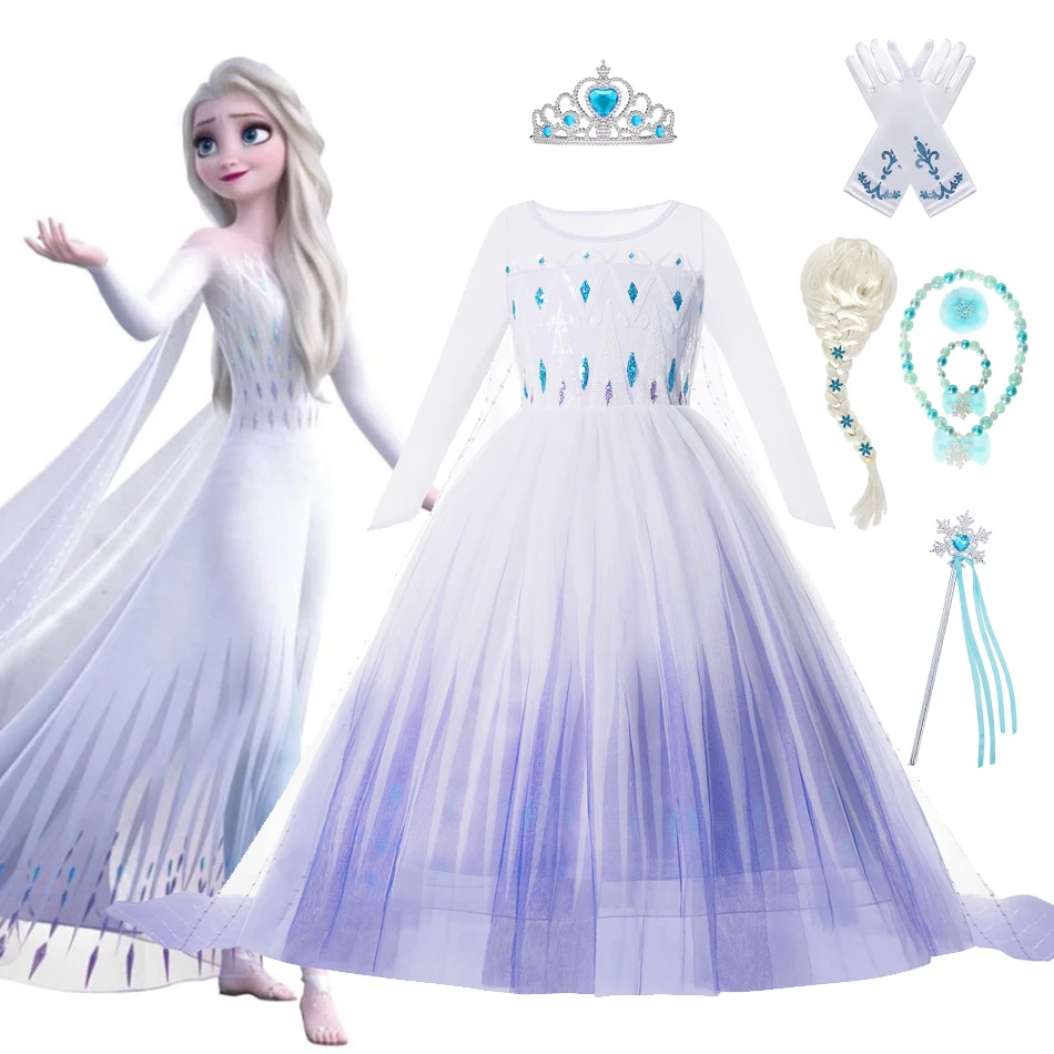 

Disney Frozen 2 Costume for Girls Princess Elsa Dress Xmas White Ball Gown Halloween Kids Snow Queen Cosplay Carnival Clothing