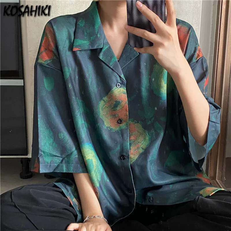 

KOSAHIKI Korea Style Oversize Print Women Thin Shirt Short Sleeve Button Ladies Blouse 2021 Summer Loose Female Clothing Tops