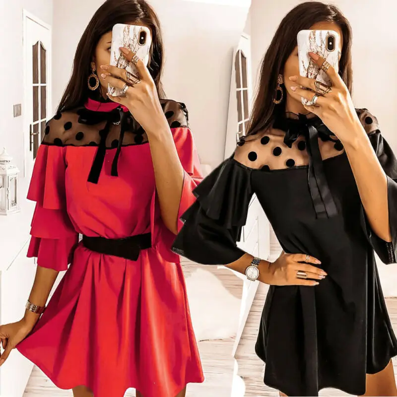 Женское вечернее платье с бантом вырезом коротким рукавом и кружевной вставкой