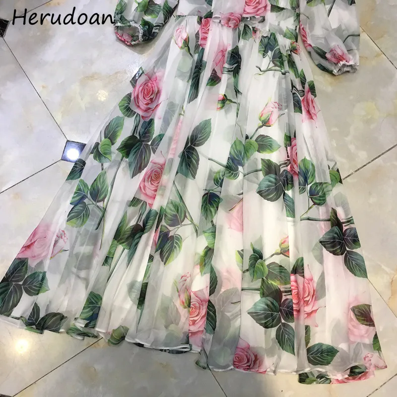 

Herudoan New 2021 Fashion Designer Summer Long Chiffon Dress Women's 3/4 sleeve Vintage Rose Floral Print Elegant Holiday Dress