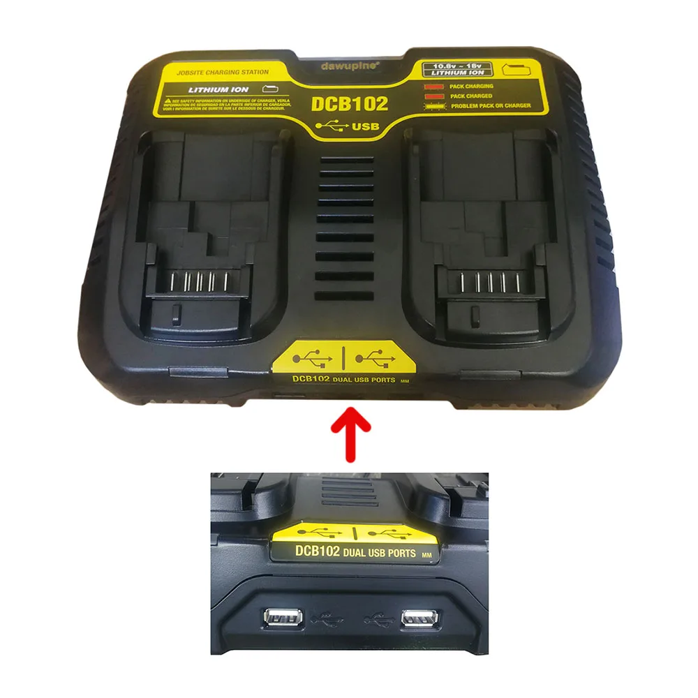 

Daupine DCB102 литий-ионная батарея двойное зарядное устройство 6A для DeWalt 10,8 V 12V 14,4 V 18V DCB101 DCB200 DCB140 DCB105 DCB200 USB 5V Выход