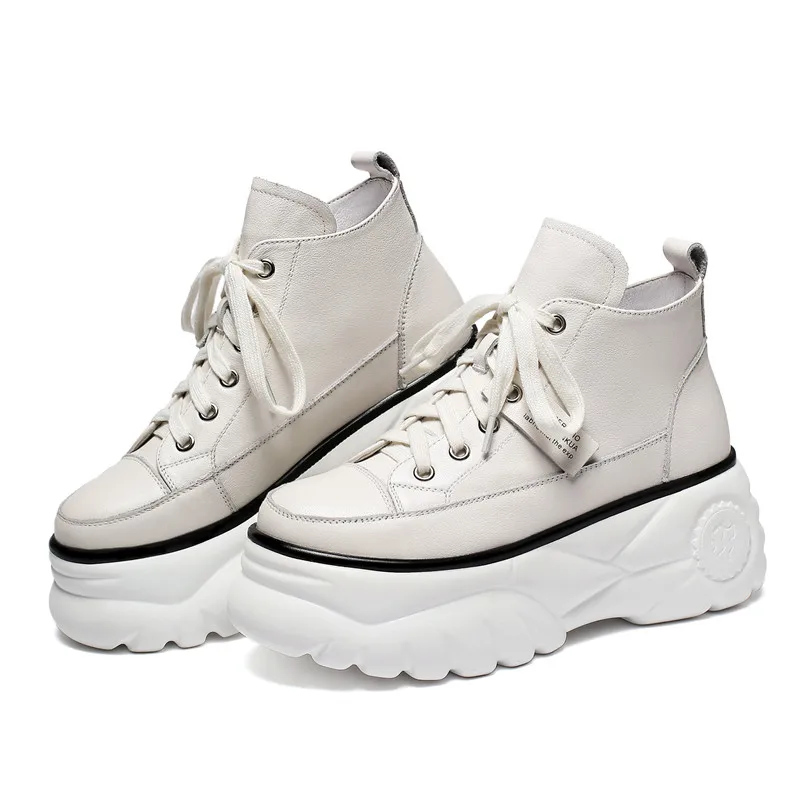 

New Leather Casual Women Sneakers High-top Flat Platform Daddy Shoes Trendy Laces up Ladies Small White Shoes Increase