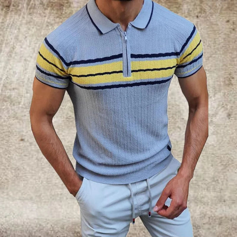 

Slim-fit Contrast Shirt Men's Knitted Sweater Stitching Color Men's Shirt Zipper Versatile Casual Short-sleeved Men's Polo Shirt