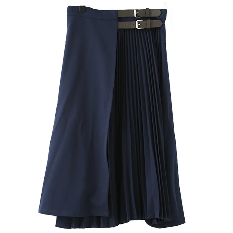 

Skirt women 2020 Autumn High-Waisted Fashion elegant Long pleated skirt with Belt office lady A- line mid-calf Skirt