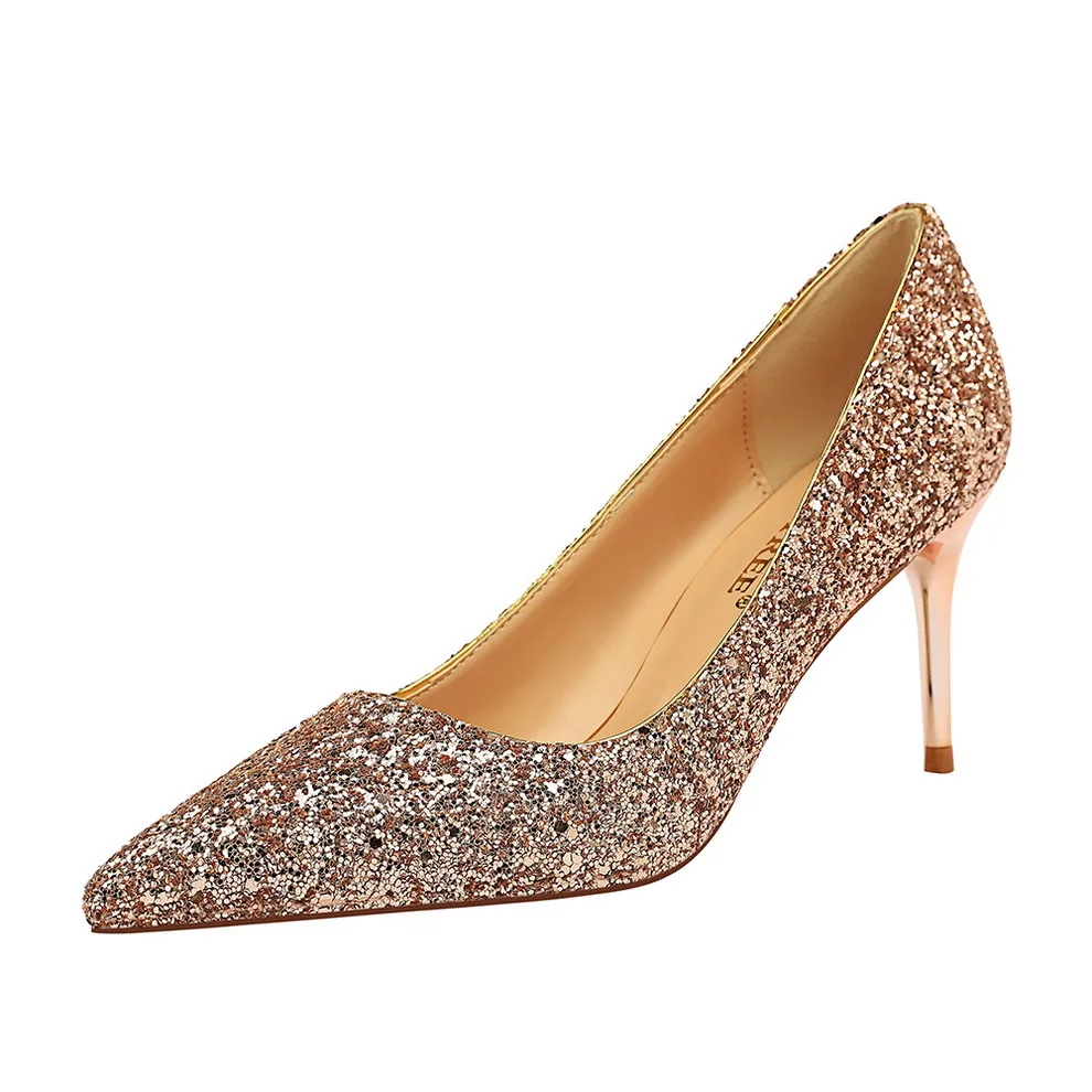 

7CM Women's shoes European and American style sexy nightclub was thin high heels stiletto fashion sparkling sequined single shoe