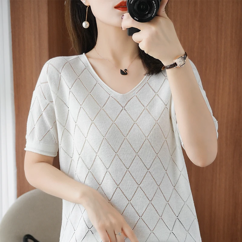 

V-Neck Hollow Diamond Short-Sleeved Women's 2021 Summer New Loose And Thin Knitted Half-Sleeved Pure Cotton Bottoming Top