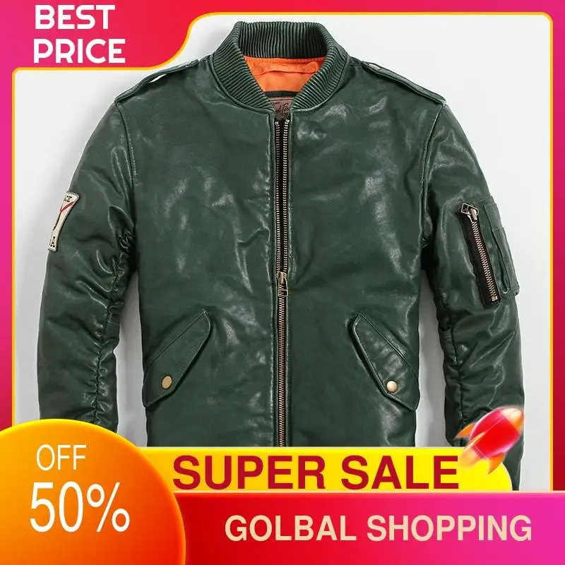 

2021 Green Military Style Genuine Leather Down Jacket Plus Size 6XL Real Natural Sheepskin Russian Winter Thick Warm Coat