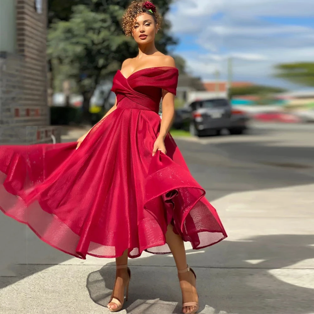 

Женское платье с открытыми плечами ниже колена, красное платье без рукавов с пышной застежкой-молнией сзади, модель 2022 года