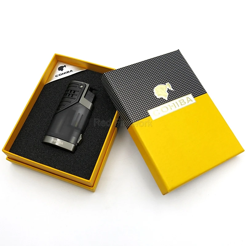 Абсолютно новые зажигалки COHIBA, классические, портативные, ветрозащитные, тройные, 3 пламени, сигареты, сигары, зажигалка с сигарой, удар, подарочная коробка