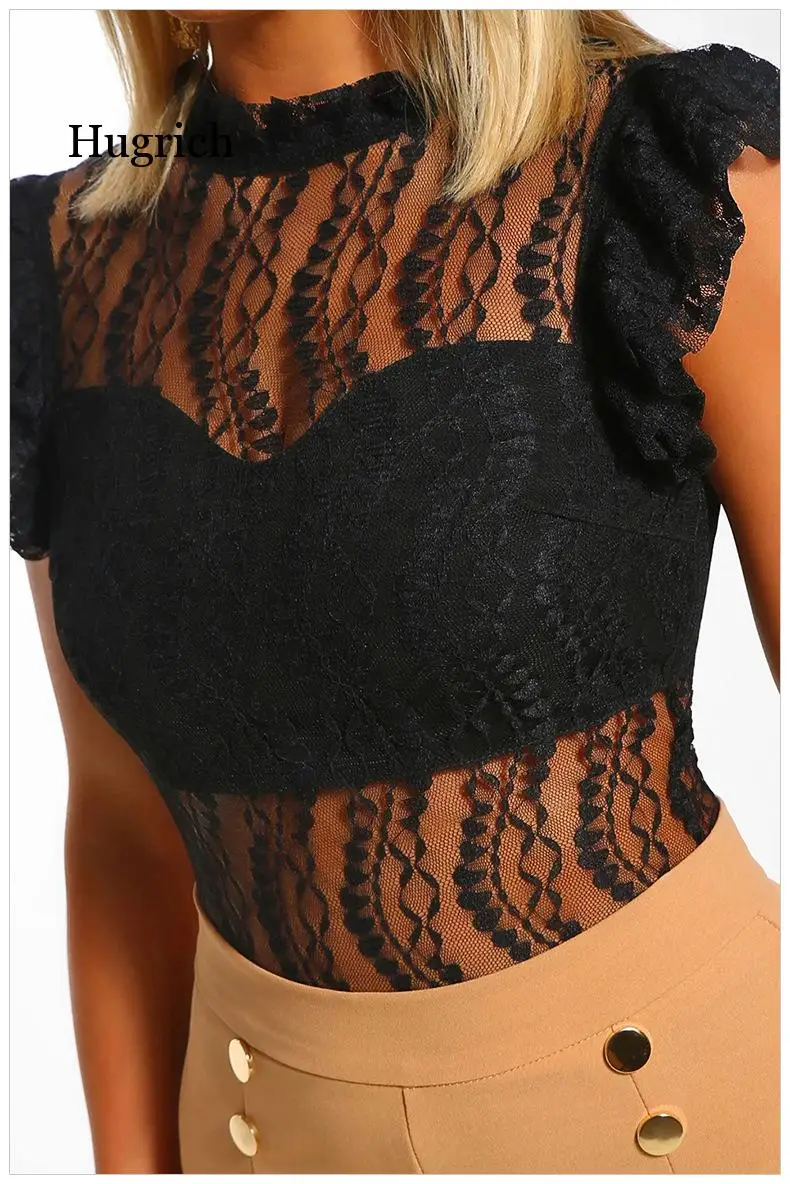 

Sexy Body Lace Black Bodysuit Women Ruffle Sleeveless Transparent Bodycon Basic Overalls See Through 2020 New Rompers