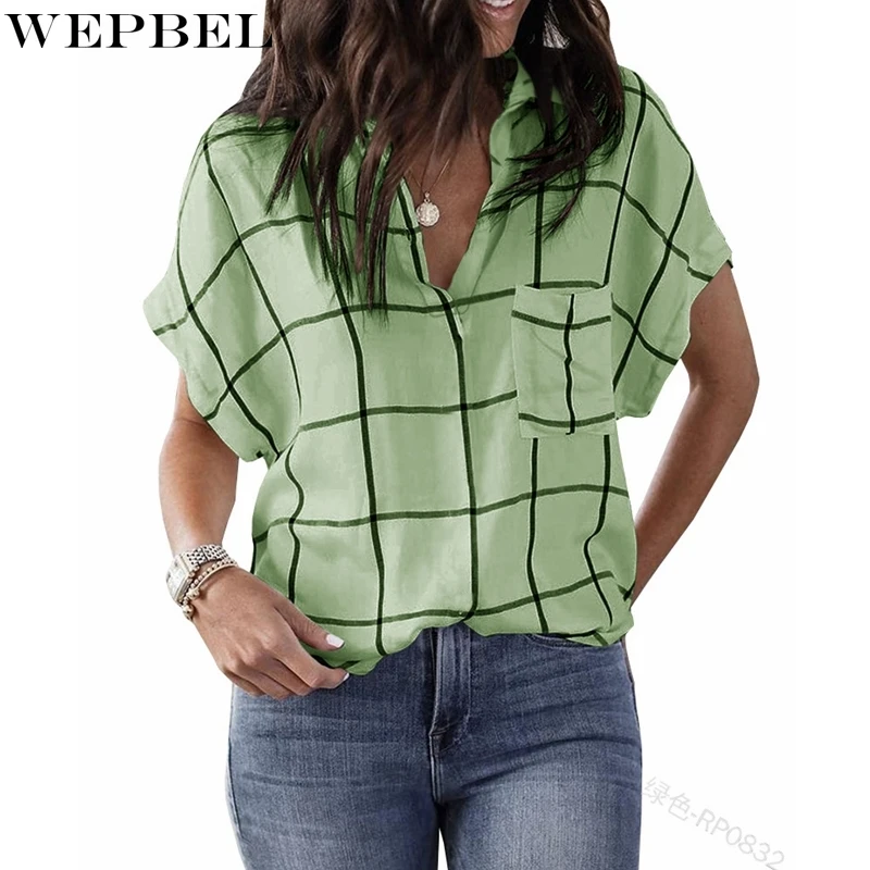 

WEPBEL Blouse Women's Casual Plaid Striped Loose Shirt Summer Fashion Short Sleeve V-neck Shirt Tops