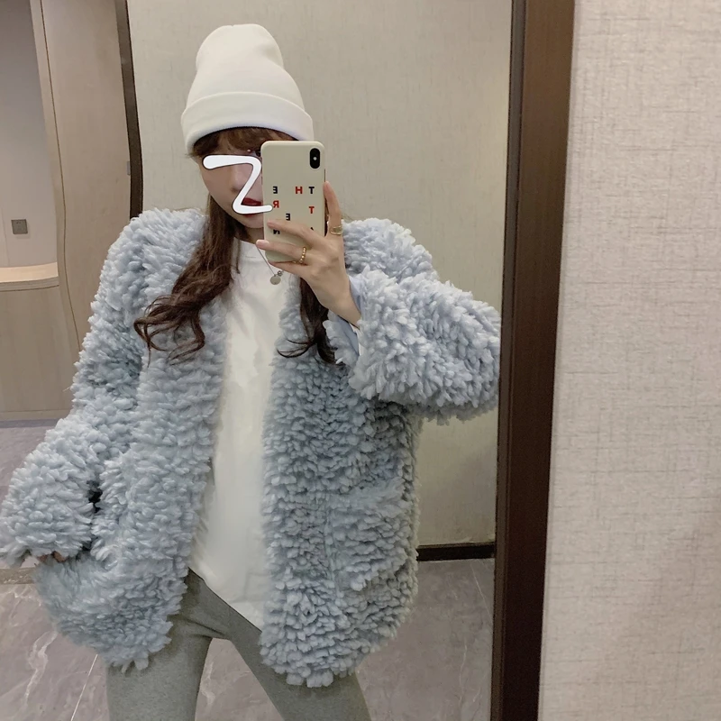 

Blue style, autumn winter, short little lamb fur coat, women's fashionable granular cashmere
