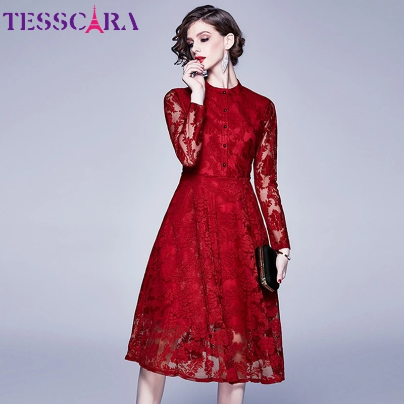 Женское кружевное платье рубашка TESSCARA длинное винтажное для свадебной вечеринки