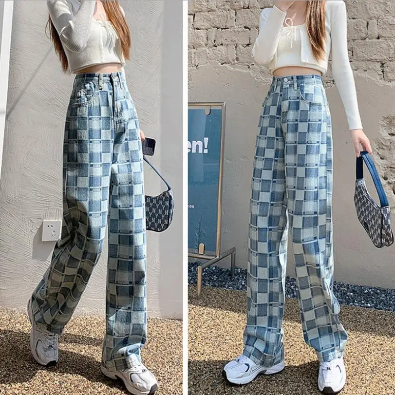 

High Waist Blue Plaid Denim Wide Leg Pants Loose Women Jeans Fashion Tide Spring Autumn 2021 Trousers p848